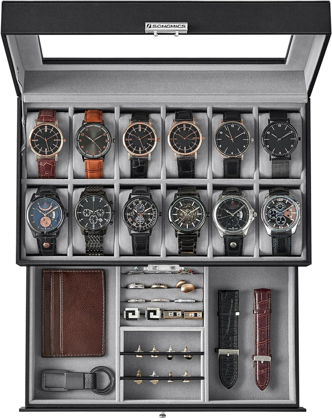 12-Slot Watch Box, Lockable Watch Case with Glass Lid, 2 Layers, with 1 Drawer for Rings, Bracelets, Gift Idea, Black Synthetic Leather, Gray Lining UJWB012