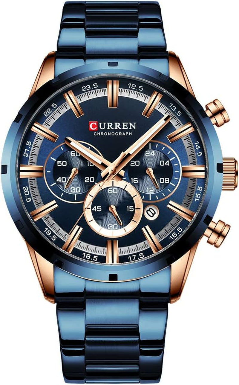Mens Watch Sport Quartz Chronograph Wristwatches with Luminous Hands Fashion Stainless Steel Clock Date