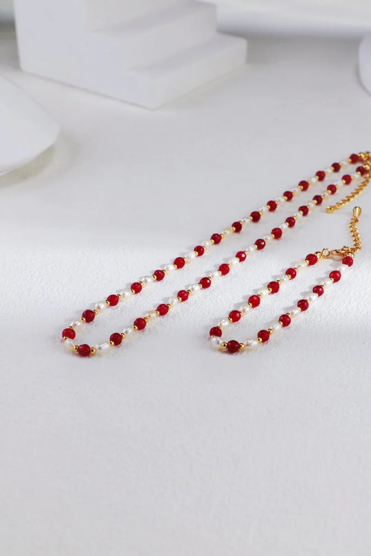 Red Beaded with Baroque Pearl Necklace