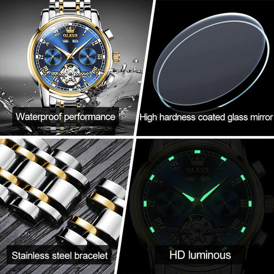 OLEVS Men'S Watches Automatic Mechanical Business Wristwatch Waterproof Stainless Steel Strap Watch for Man Skeleton Calendar
