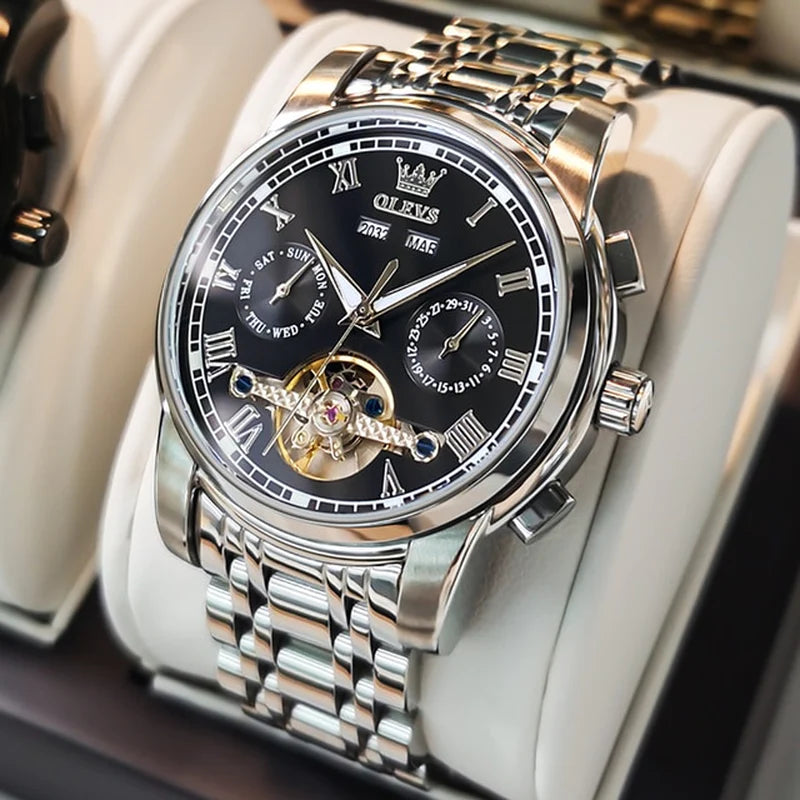 OLEVS Men'S Watches Automatic Mechanical Business Wristwatch Waterproof Stainless Steel Strap Watch for Man Skeleton Calendar