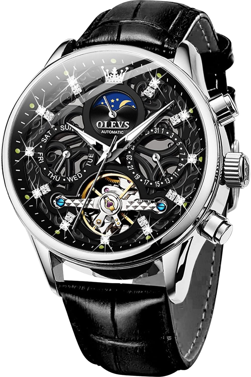 OLEVS Men'S Watch Leather Skeleton Automatic Mechanical Tourbillon Calendar Moon Phase Luminous Waterproof Luxury Business Wristwatch