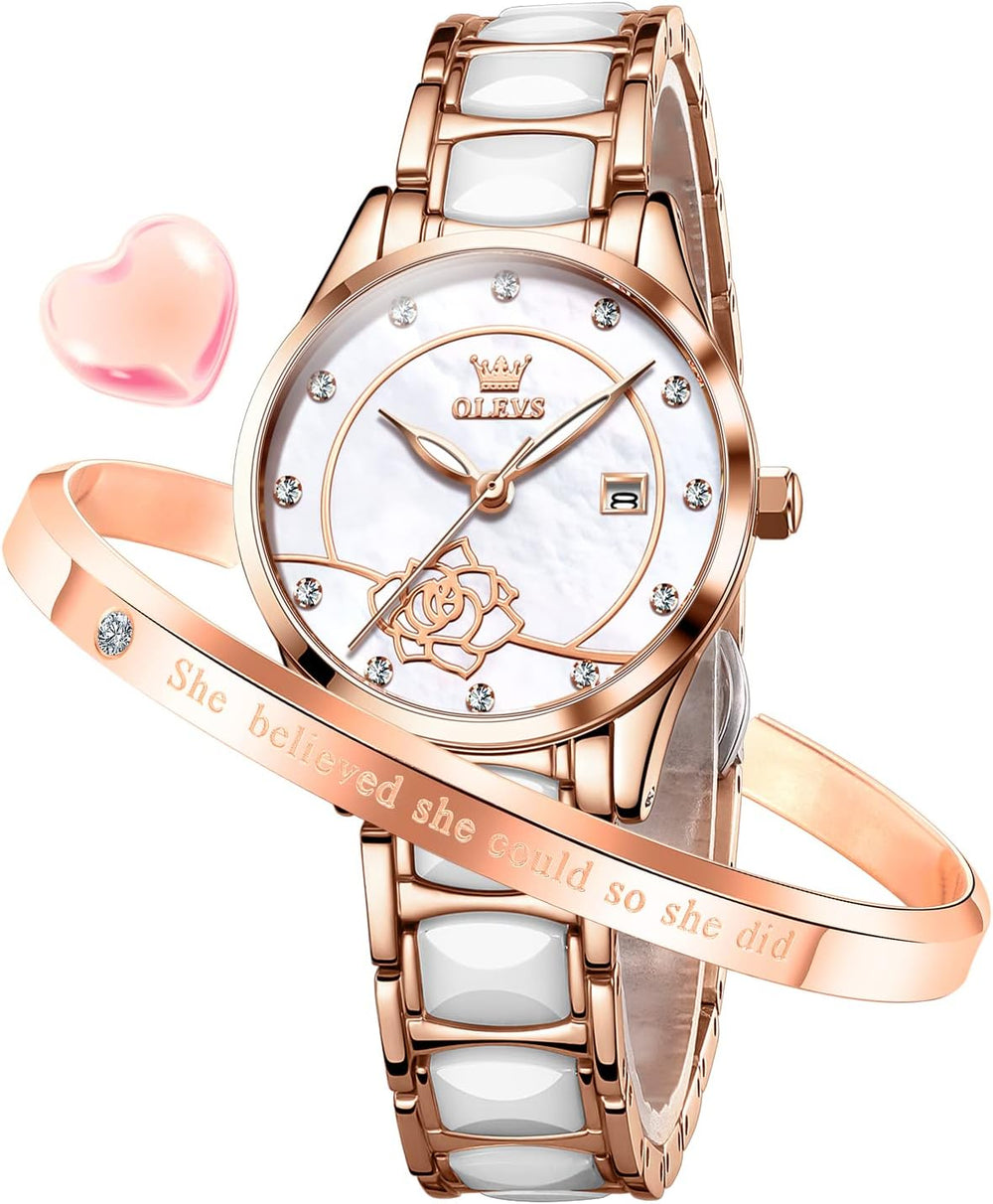 Womens Watch Rose Gold Fashion Elegant Ceramic Analog Quartz Ladies Wrist Watches Set Waterproof Luminous Diamond Dial Festival Gifts