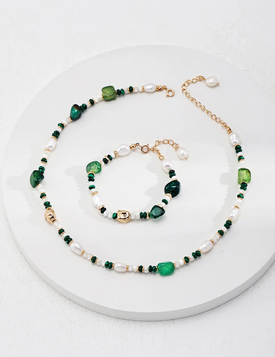 Green Agate with Pearl Beaded Necklace
