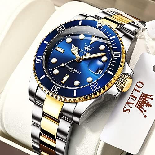 OLEVS Men'S Watches, Silver Dress Gold Classic Luxury Big Large Face Waterproof Quartz Analog Two Tone Stainless Steel Man Wrist Watch Men with Date Luminous Relojes De Hombre (Green/Blue/Black Dial
