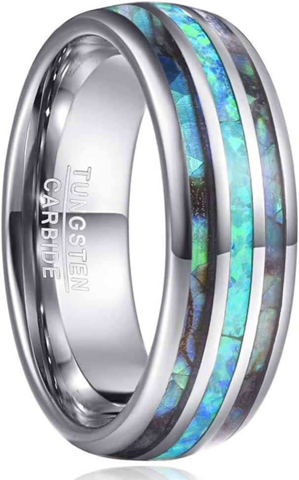 Mens Real Blue/Green Opal and Abalone Tungsten Ring