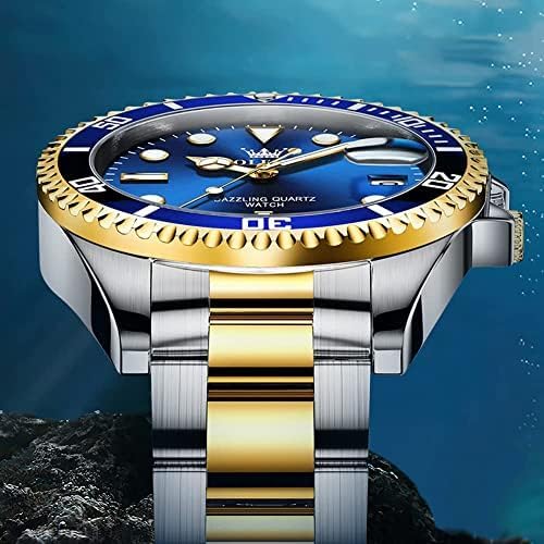 OLEVS Men'S Watches, Silver Dress Gold Classic Luxury Big Large Face Waterproof Quartz Analog Two Tone Stainless Steel Man Wrist Watch Men with Date Luminous Relojes De Hombre (Green/Blue/Black Dial