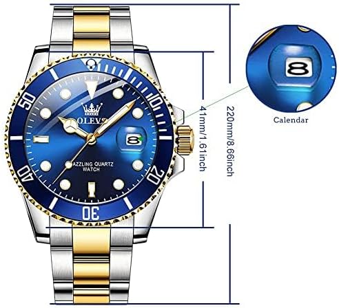 OLEVS Men'S Watches, Silver Dress Gold Classic Luxury Big Large Face Waterproof Quartz Analog Two Tone Stainless Steel Man Wrist Watch Men with Date Luminous Relojes De Hombre (Green/Blue/Black Dial