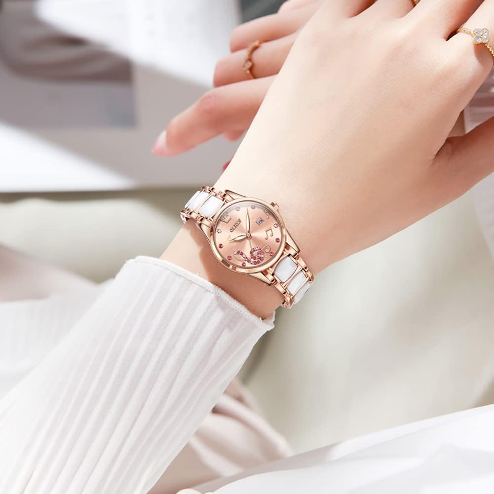 Womens Watch Rose Gold Fashion Elegant Ceramic Analog Quartz Ladies Wrist Watches Set Waterproof Luminous Diamond Dial Festival Gifts