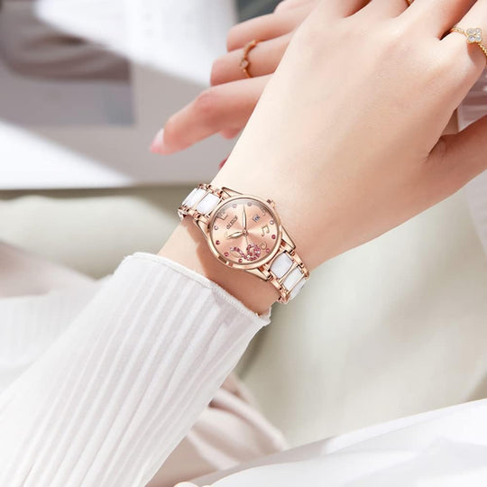 Womens Watch Rose Gold Fashion Elegant Ceramic Analog Quartz Ladies Wrist Watches Set Waterproof Luminous Diamond Dial Festival Gifts