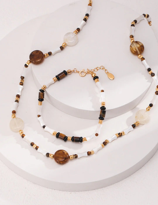 Brown Tiger Eye Stone Shell Beaded Necklace
