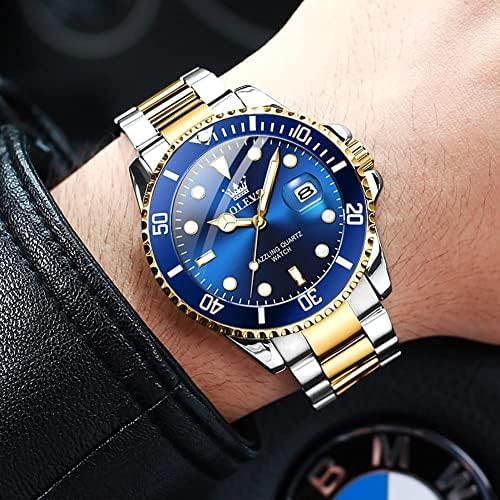 OLEVS Men'S Watches, Silver Dress Gold Classic Luxury Big Large Face Waterproof Quartz Analog Two Tone Stainless Steel Man Wrist Watch Men with Date Luminous Relojes De Hombre (Green/Blue/Black Dial