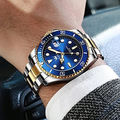 OLEVS Men'S Watches, Silver Dress Gold Classic Luxury Big Large Face Waterproof Quartz Analog Two Tone Stainless Steel Man Wrist Watch Men with Date Luminous Relojes De Hombre (Green/Blue/Black Dial