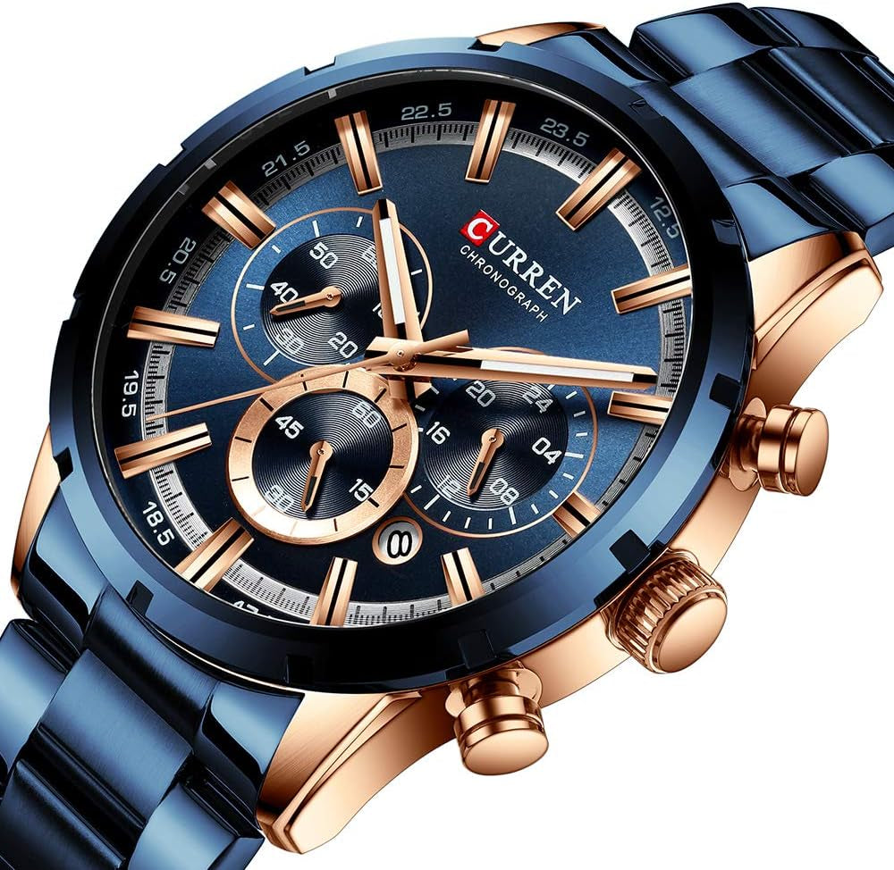 Mens Watch Sport Quartz Chronograph Wristwatches with Luminous Hands Fashion Stainless Steel Clock Date