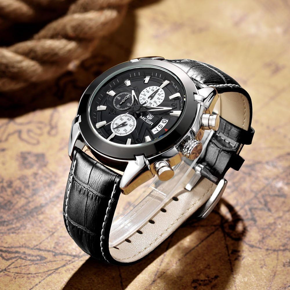Chronograph Quartz Watch for Men Fashion Sports Leather Strap Wristwatch Waterproof Analog Watches with Luminous Hands
