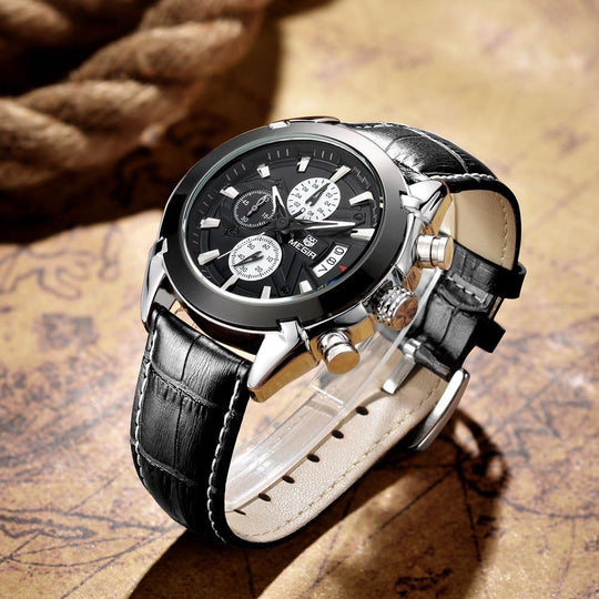 Chronograph Quartz Watch for Men Fashion Sports Leather Strap Wristwatch Waterproof Analog Watches with Luminous Hands