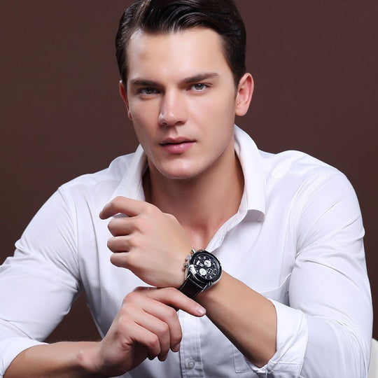 Chronograph Quartz Watch for Men Fashion Sports Leather Strap Wristwatch Waterproof Analog Watches with Luminous Hands