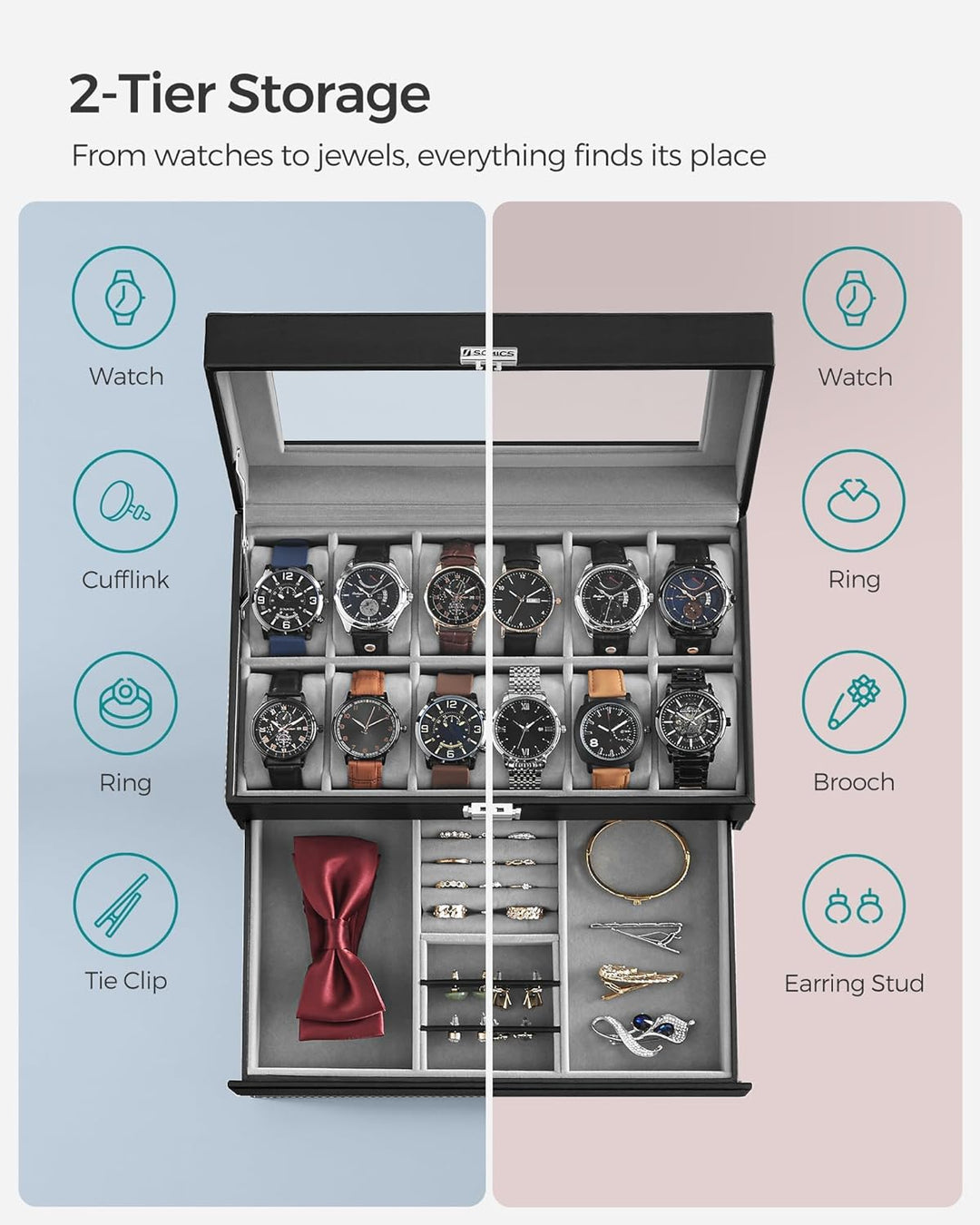 12-Slot Watch Box, Lockable Watch Case with Glass Lid, 2 Layers, with 1 Drawer for Rings, Bracelets, Gift Idea, Black Synthetic Leather, Gray Lining UJWB012