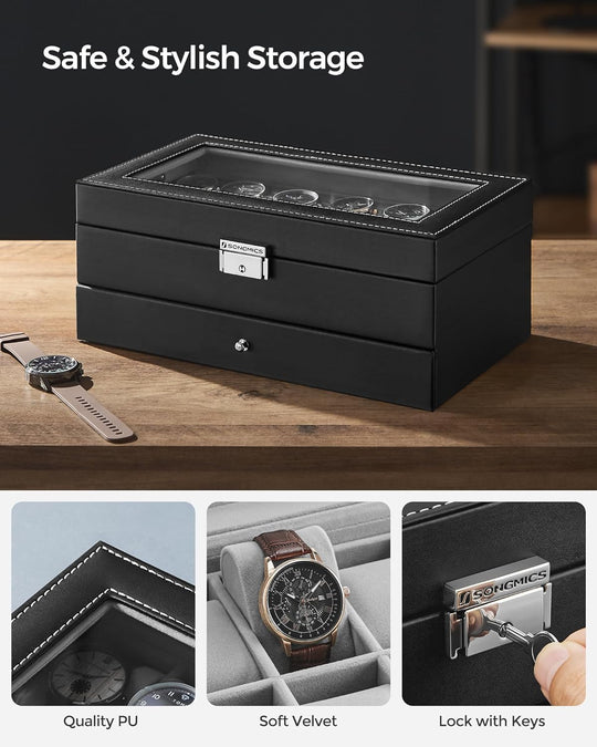 12-Slot Watch Box, Lockable Watch Case with Glass Lid, 2 Layers, with 1 Drawer for Rings, Bracelets, Gift Idea, Black Synthetic Leather, Gray Lining UJWB012