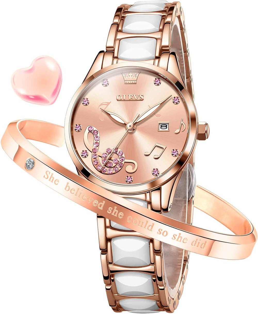 Womens Watch Rose Gold Fashion Elegant Ceramic Analog Quartz Ladies Wrist Watches Set Waterproof Luminous Diamond Dial Festival Gifts