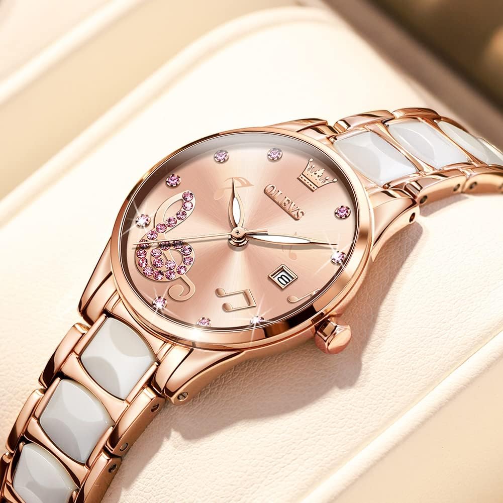 Womens Watch Rose Gold Fashion Elegant Ceramic Analog Quartz Ladies Wrist Watches Set Waterproof Luminous Diamond Dial Festival Gifts