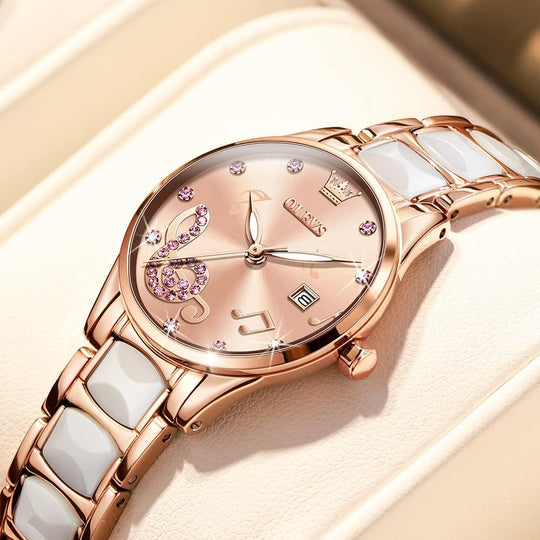 Womens Watch Rose Gold Fashion Elegant Ceramic Analog Quartz Ladies Wrist Watches Set Waterproof Luminous Diamond Dial Festival Gifts