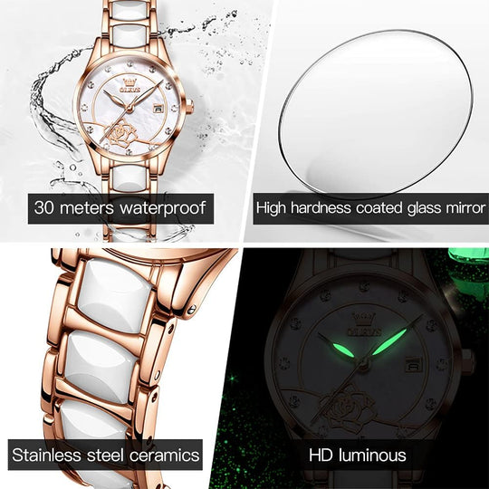 Womens Watch Rose Gold Fashion Elegant Ceramic Analog Quartz Ladies Wrist Watches Set Waterproof Luminous Diamond Dial Festival Gifts
