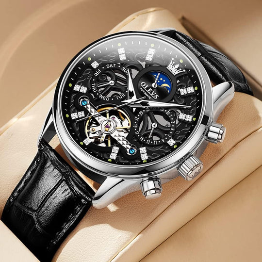 OLEVS Men'S Watch Leather Skeleton Automatic Mechanical Tourbillon Calendar Moon Phase Luminous Waterproof Luxury Business Wristwatch