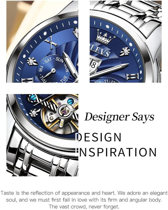 Men Automatic Watch Skeleton 5 Hands Mechanical Classic Luxury Multi Calendar Stainless Steel Waterproof Wrist Watch for Men