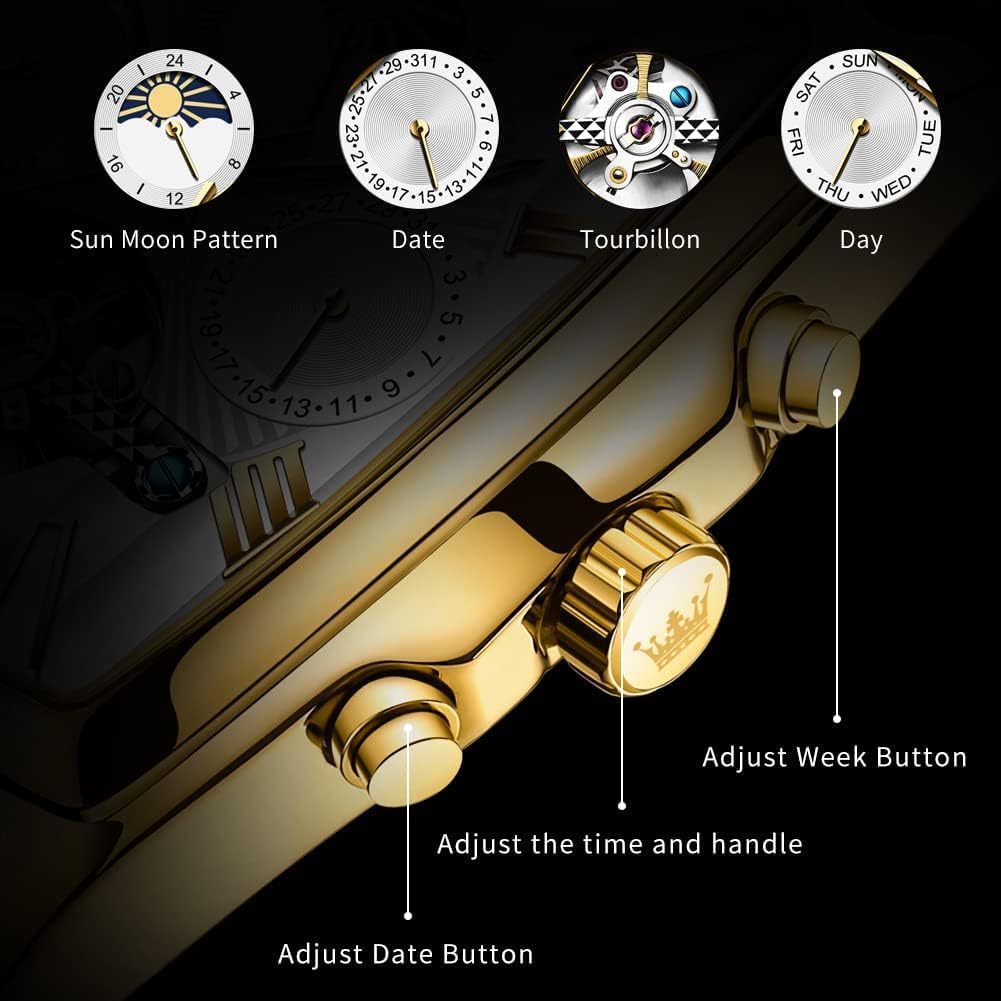 OLEVS Mens Automatic Watches Skeleton Retro Rectangle Tonneau Business Dress Leather Wrist Watch Moon Phase Luminous Waterproof
