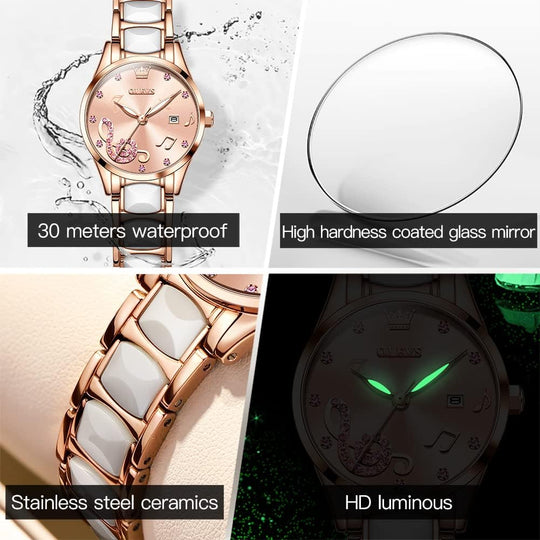 Womens Watch Rose Gold Fashion Elegant Ceramic Analog Quartz Ladies Wrist Watches Set Waterproof Luminous Diamond Dial Festival Gifts