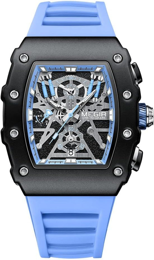 MEGIR Military Sport Silicone Strap Quartz Watch Men Fashion Luminous Tonneau Dial Chronograph Wristwatch with Date