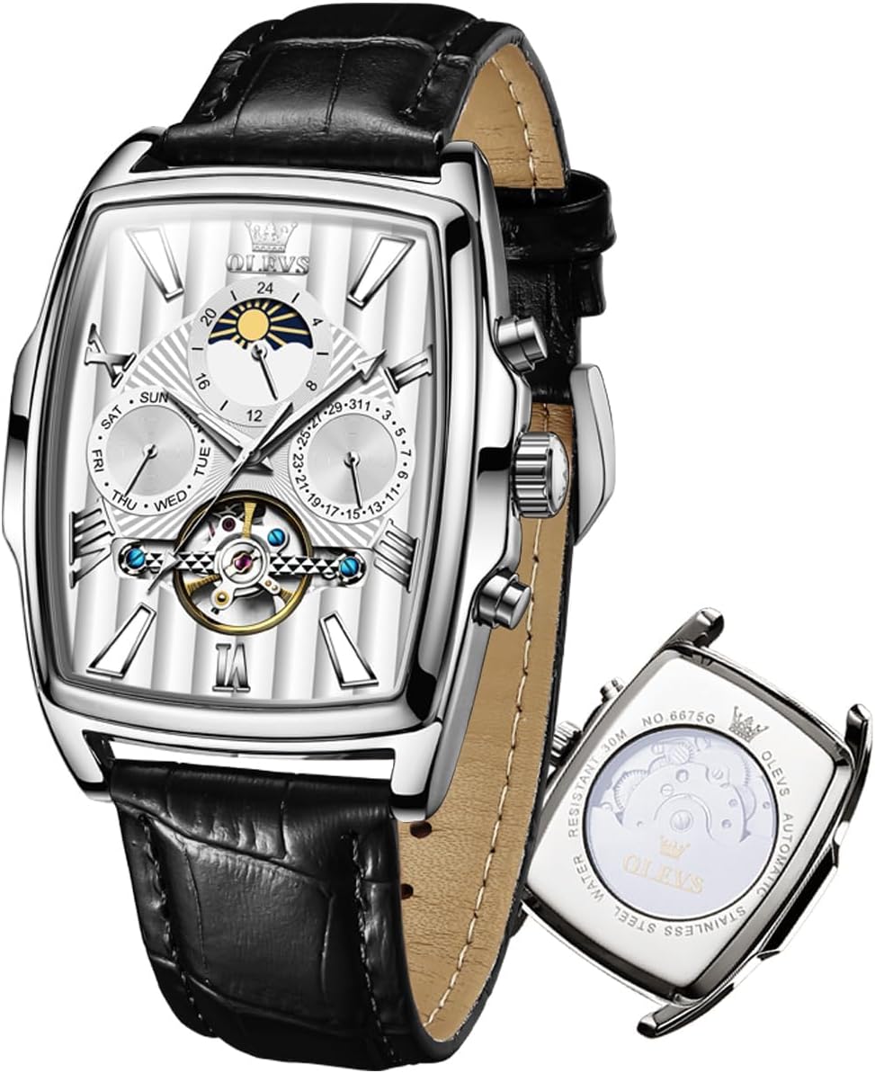 OLEVS Mens Automatic Watches Skeleton Retro Rectangle Tonneau Business Dress Leather Wrist Watch Moon Phase Luminous Waterproof