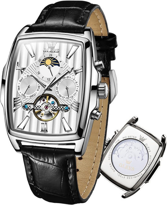OLEVS Mens Automatic Watches Skeleton Retro Rectangle Tonneau Business Dress Leather Wrist Watch Moon Phase Luminous Waterproof