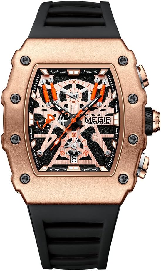 MEGIR Military Sport Silicone Strap Quartz Watch Men Fashion Luminous Tonneau Dial Chronograph Wristwatch with Date