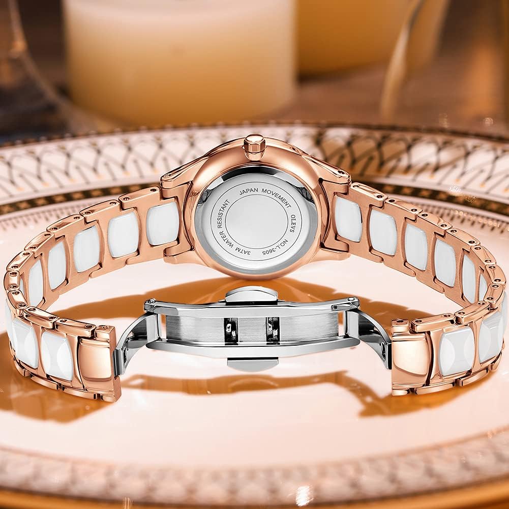 Womens Watch Rose Gold Fashion Elegant Ceramic Analog Quartz Ladies Wrist Watches Set Waterproof Luminous Diamond Dial Festival Gifts