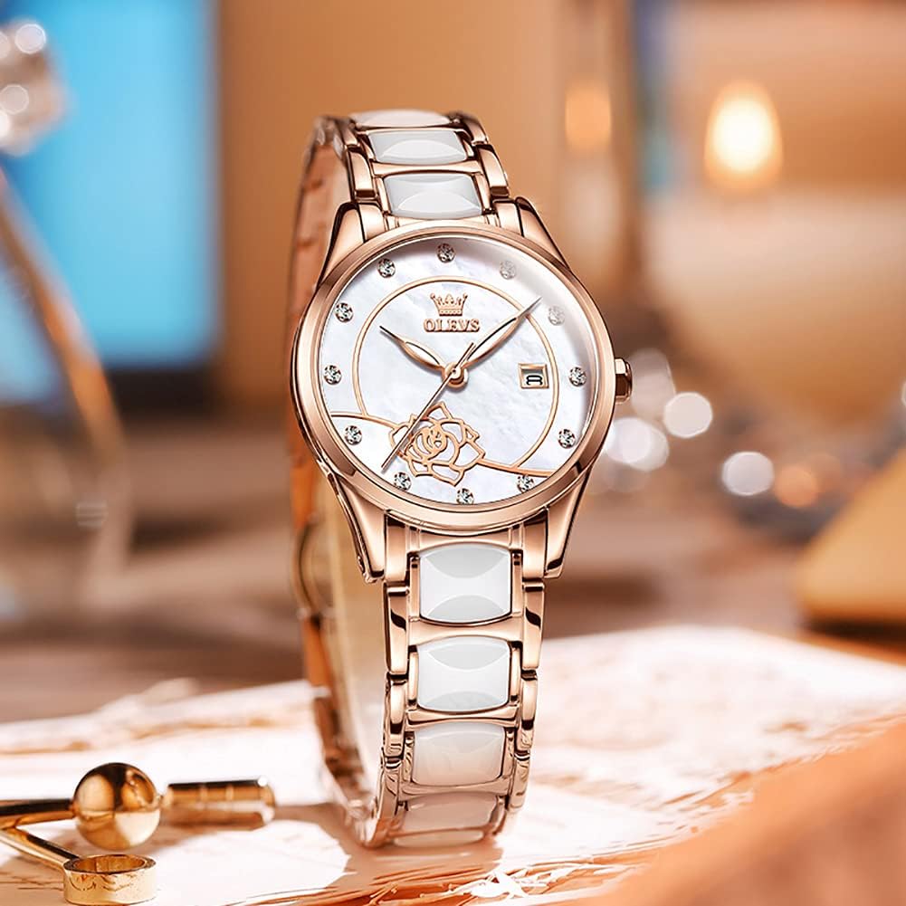 Womens Watch Rose Gold Fashion Elegant Ceramic Analog Quartz Ladies Wrist Watches Set Waterproof Luminous Diamond Dial Festival Gifts