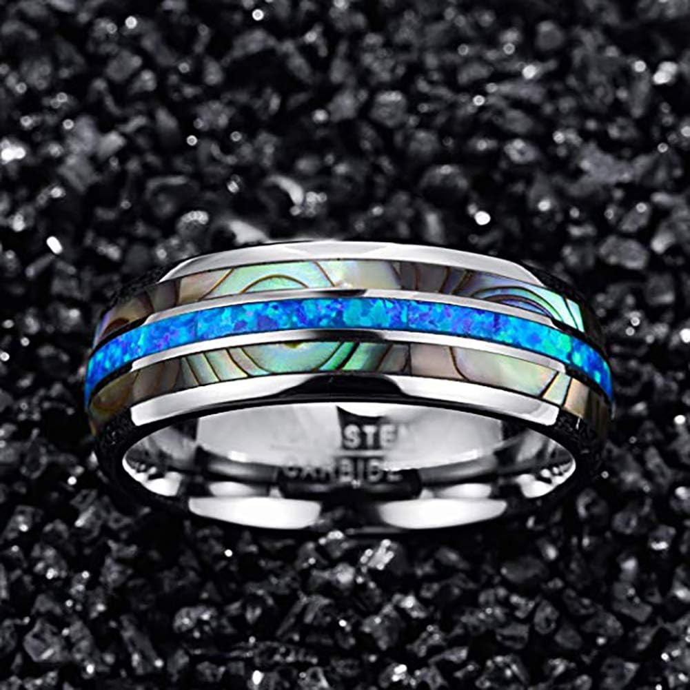 Mens Real Blue/Green Opal and Abalone Tungsten Ring