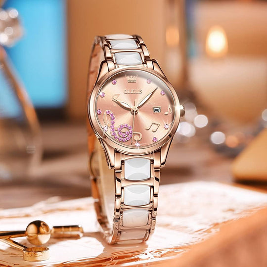 Womens Watch Rose Gold Fashion Elegant Ceramic Analog Quartz Ladies Wrist Watches Set Waterproof Luminous Diamond Dial Festival Gifts