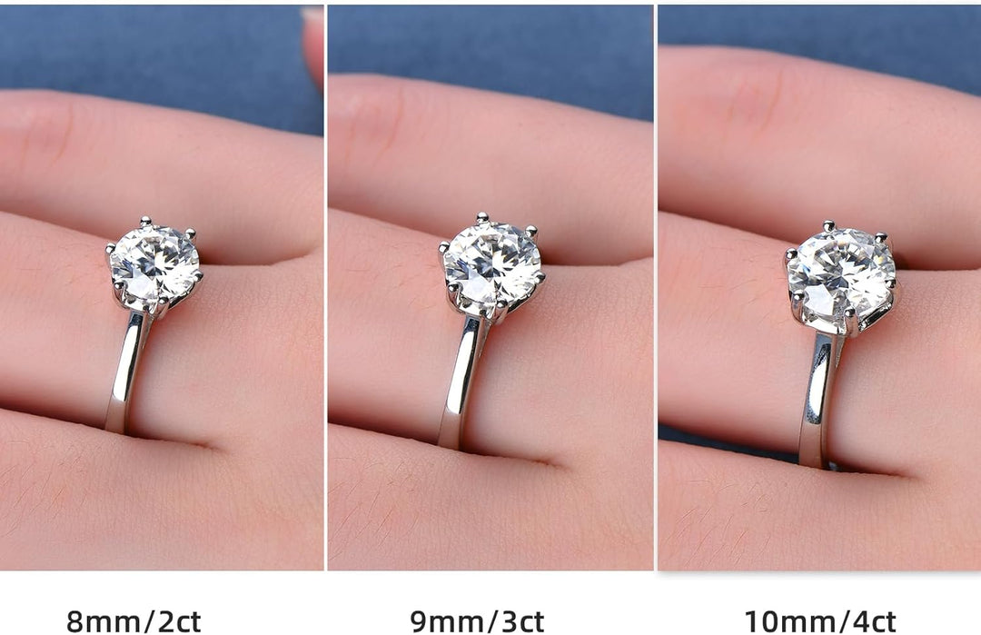 1/2/3/4 Carat Moissanite Engagement Rings for Women, 925 Sterling Silver Solitaire round Cut (10Mm) Diamond Wedding Band D-E Color Grade Gift for Wedding Anniversary