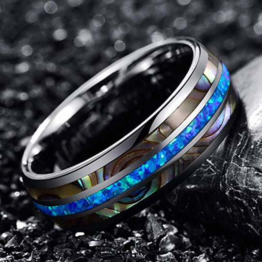 Mens Real Blue/Green Opal and Abalone Tungsten Ring