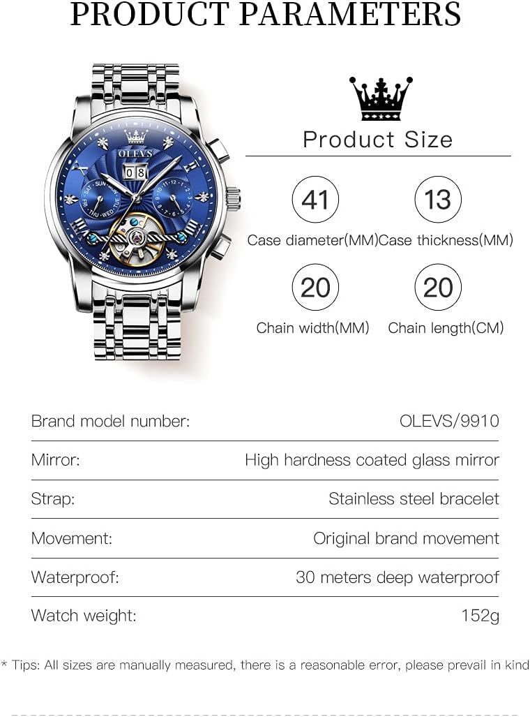 Men Automatic Watch Skeleton 5 Hands Mechanical Classic Luxury Multi Calendar Stainless Steel Waterproof Wrist Watch for Men