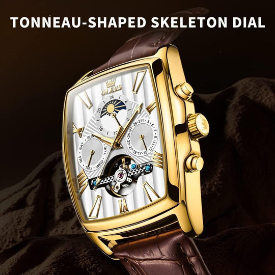 OLEVS Mens Automatic Watches Skeleton Retro Rectangle Tonneau Business Dress Leather Wrist Watch Moon Phase Luminous Waterproof