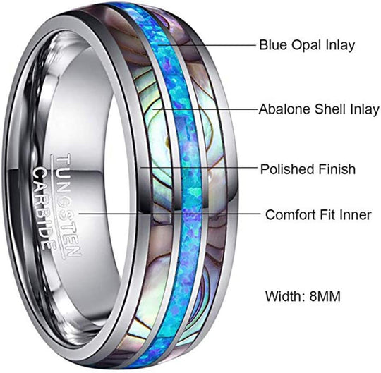 Mens Real Blue/Green Opal and Abalone Tungsten Ring