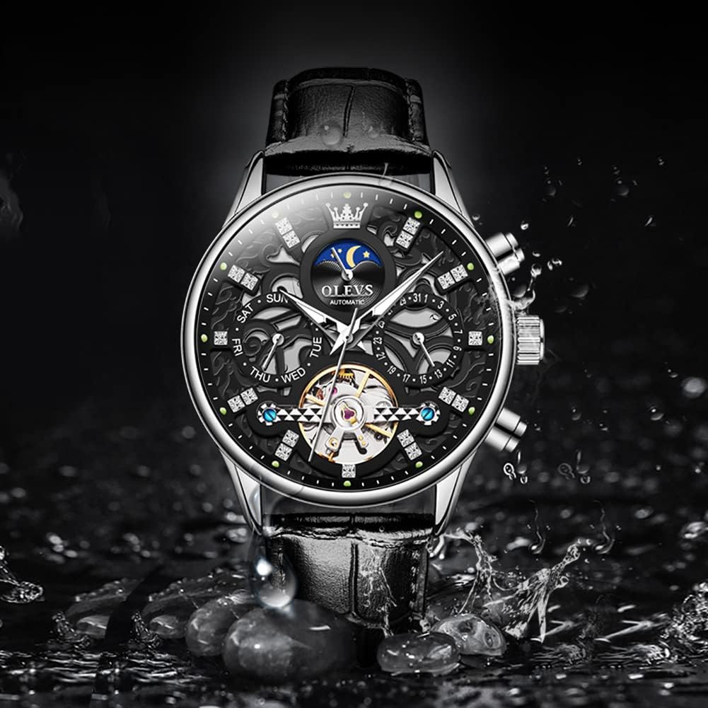 OLEVS Men'S Watch Leather Skeleton Automatic Mechanical Tourbillon Calendar Moon Phase Luminous Waterproof Luxury Business Wristwatch