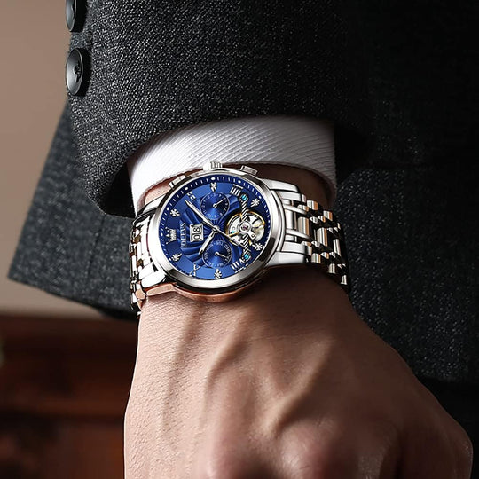 Men Automatic Watch Skeleton 5 Hands Mechanical Classic Luxury Multi Calendar Stainless Steel Waterproof Wrist Watch for Men