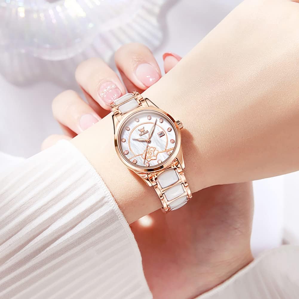 Womens Watch Rose Gold Fashion Elegant Ceramic Analog Quartz Ladies Wrist Watches Set Waterproof Luminous Diamond Dial Festival Gifts