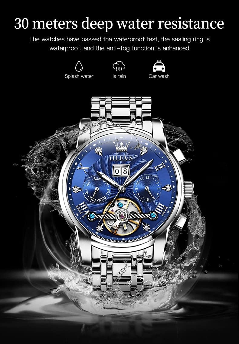 Men Automatic Watch Skeleton 5 Hands Mechanical Classic Luxury Multi Calendar Stainless Steel Waterproof Wrist Watch for Men