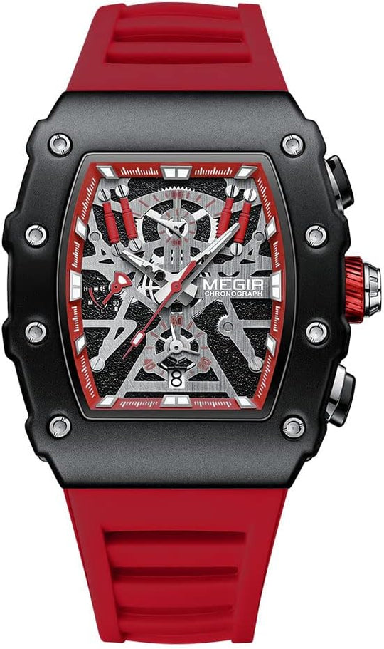 MEGIR Military Sport Silicone Strap Quartz Watch Men Fashion Luminous Tonneau Dial Chronograph Wristwatch with Date