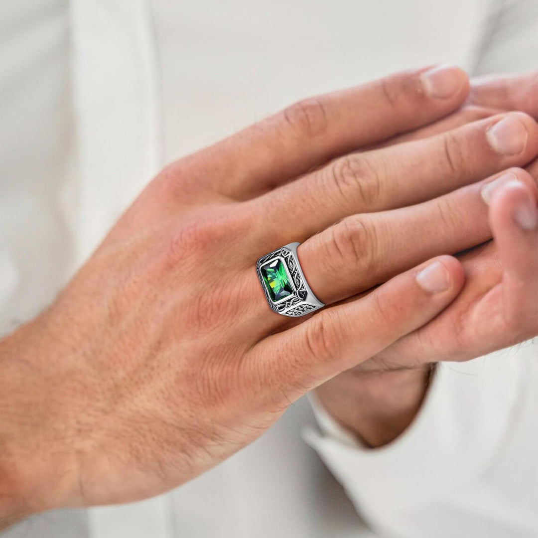 Mens 925 Sterling Silver 6.85Ct Simulated Emerald Ring